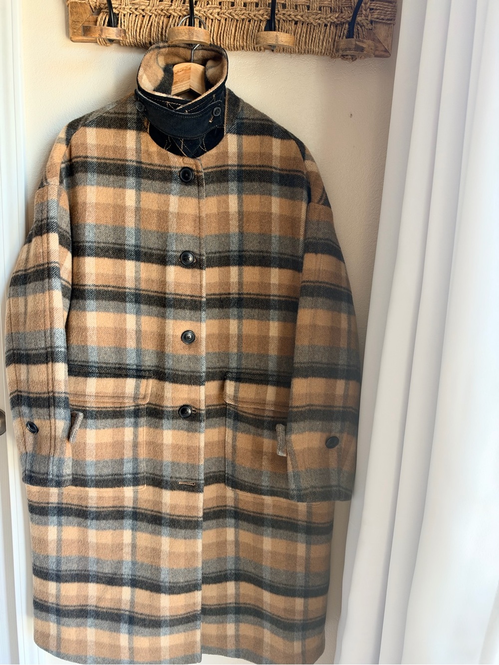 Banana Republic Camel and Gray Plaid Wool Pea Coat